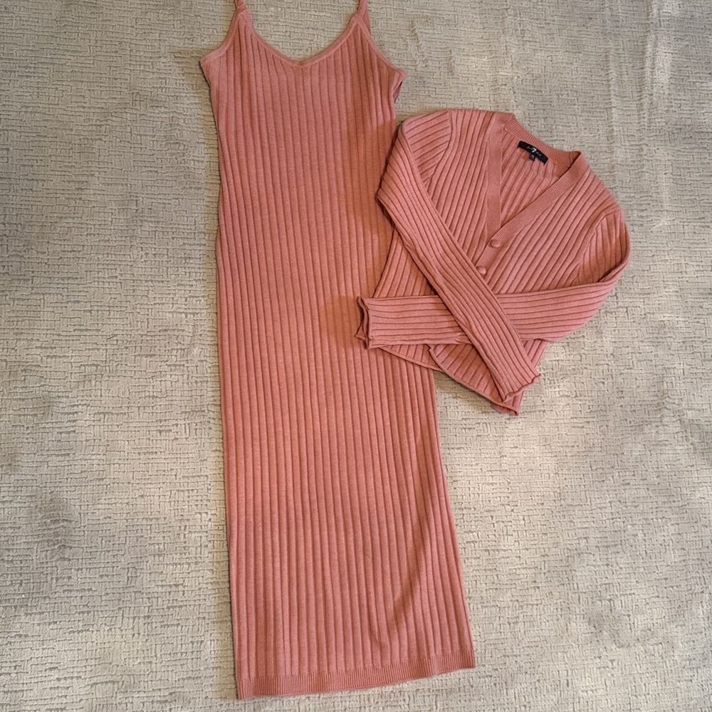 Soft coral Ribbed Dress and Cardigan Set